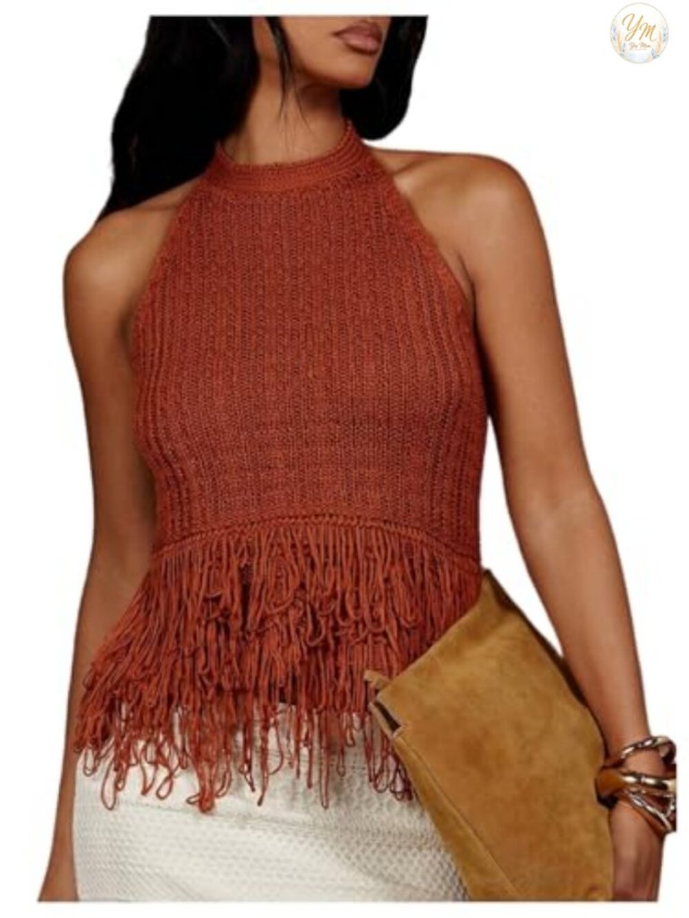 Boho Fringe Halter Tank Top Open Back Knit Crochet Sleeveless
